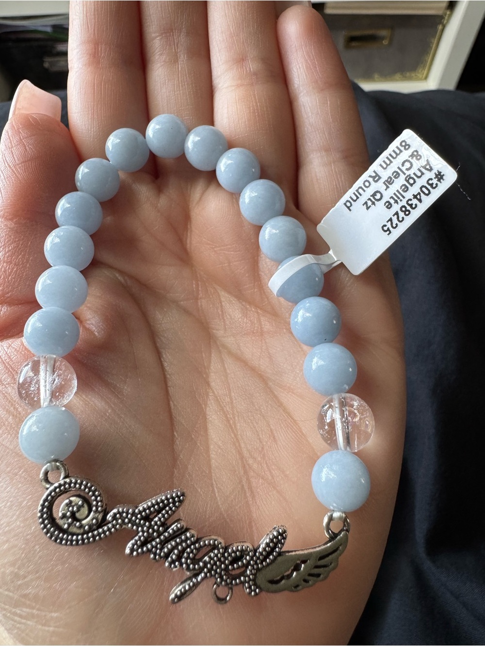 Angelite angel Blue Bead Stretch Bracelet with Wing Charm